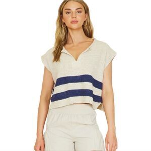 Illa Illa Women's Striped Sleeveless Sweater Cream‎ Navy Coastal Large